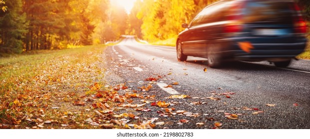 Auto op de herfstige asfaltweg op het platteland