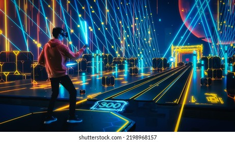 Advanced 3D Edit: Player Wearing Virtual Reality Headset Plays Augmented Reality Arcade Video Game, Fighting Cubes with Laser Swords, Scoring Points. Colorful Immersive Fun, Entertainment