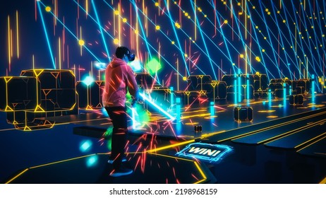 Futuristc 3D Edit: Player Wearing Virtual Reality Headset Plays Augmented Reality Action Video Game, Fighting Cubes with Laser Swords, Scoring Points. Colorful Immersive Futuristic Fun