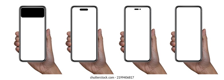 スマート フォンの iPhone を持っている手し、携帯電話のアプリや web サイトのデザイン、ロゴ グローバル ビジネス技術 - クリッピング パスを含めるための白い背景に分離されました。(ビジネスマンの手 iPhone 14)
