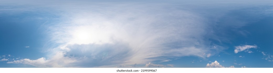 Blue sky panorama with Cirrus clouds. Seamless hdr 360 degree pano in spherical equirectangular format. Sky dome or zenith for 3D visualization, game and sky replacement for aerial drone 360 panoramas