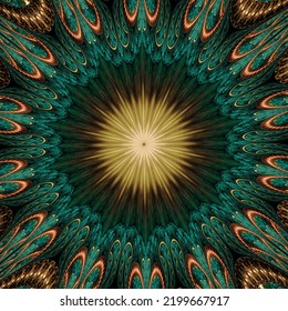 Symmetrische goudgroene fractal bloem, digitaal kunstwerk voor creatieve grafische