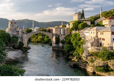 View of Mostar bridge over Neretva river, Bosnia and Herzegovina, daytime