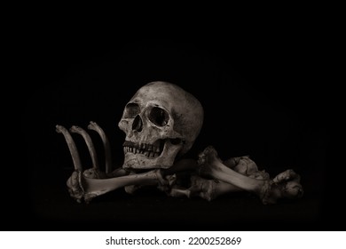 Awesome De Schädel op Koup Schanken op schwaarzen Hannergrond, Konzept vun grujeleg Kriminalitéit Szen vun Horror oder Thriller Filmer, Halloween Thema, Still Life Stil, selektiv Fokus,