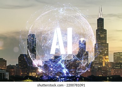 シカゴの街並みの背景に創造的な人工知能シンボル ホログラム。二重曝露