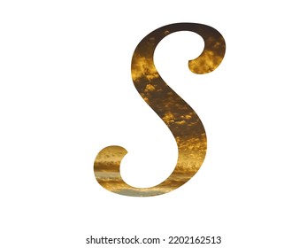 Letter S van het alfabet gemaakt met een geel patroon van gele wolken waarop de zon schijnt. met kleuren lichtblauw, geel en goud