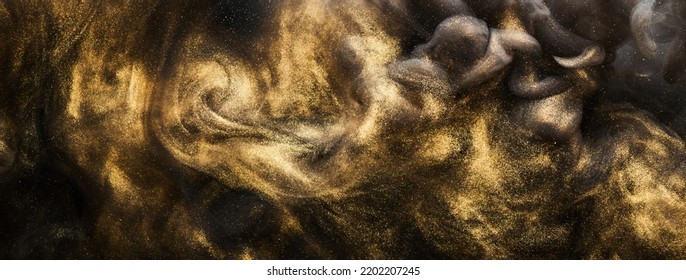 Gouden sprankelende abstracte achtergrond, luxe zwarte rook, acrylverf onderwaterexplosie, kosmische wervelende inkt