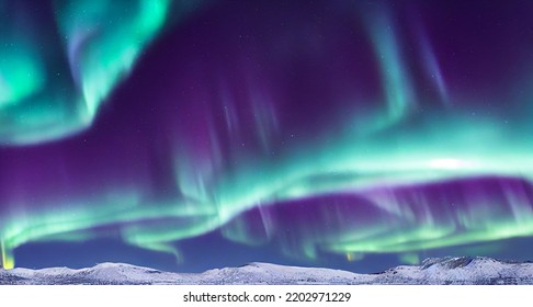 Luces del norte sobre el lago. Aurora borealis con estrellas en el cielo nocturno. Fantástico paisaje mágico épico de invierno de las montañas
