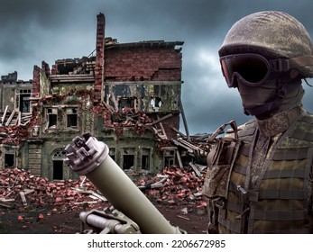 Soldier next to mortar. Warrior among destroyed houses. Brick ruins behind fighter. Soldier in mask and helmet stands on street. Warrior with mortar. Army soldier during battle. Military actions