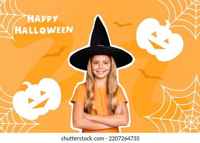 Creative abstract template collage of funny little child girl crossed hands cute witch hat costume happy halloween banner party spider web