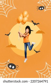 Vertical creative collage image of positive little woman witch hat costume flying hang air balloons present halloween party decoration