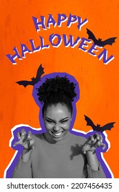 Creative poster collage of funky evil young woman frighten scare grimace boo happy halloween promo poster claws fangs drawing background