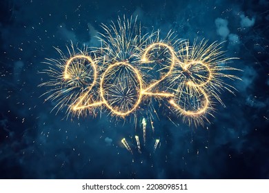 Selamat Tahun Baru 2023. Spanduk atau selebaran web liburan kreatif yang indah dengan Kembang api emas dan nomor gemerlap 2023 dengan latar langit biru malam.