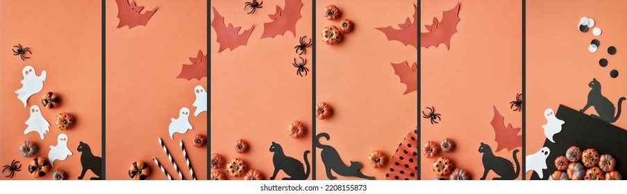 Halloween stories template for social media. Set of flat lay photos of pumpkins, black paper cats, ghosts and buts on orange background. Just cut the ones you like and use them. Happy Halloween.