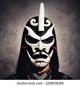 Oni Samurai Mask. Japanese Bushido Art. Oni are yōkai, supernatural ogre, trolls in Japanese folklore
