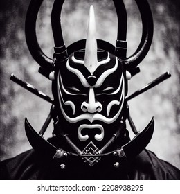 Oni Samurai Mask. Japanese Bushido Art. Oni are yōkai, supernatural ogre, trolls in Japanese folklore