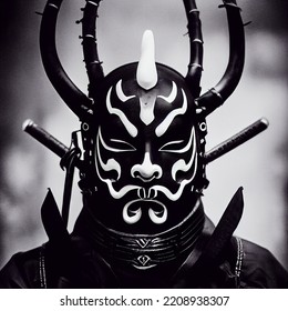 Oni Samurai Mask. Japanese Bushido Art. Oni are yōkai, supernatural ogre, trolls in Japanese folklore