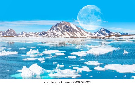 Cảnh sông băng và tảng băng trôi Greenland nhìn từ làng Kulusuk với trăng tròn - Kulusuk, Greenland - Một tảng băng trôi tan chảy và đổ nước xuống biển "Các yếu tố của hình ảnh này do NASA cung cấp