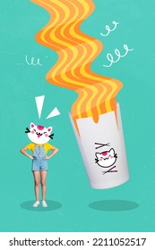 Vertical collage picture of little girl cat head big carton asian food box order isolated on drawing background