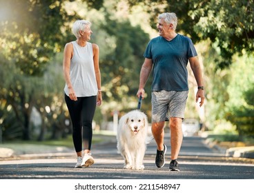 Emerytura, fitness i spacery z psem i parą w osiedlowym parku dla relaksu, zdrowia i treningu. Miłość, dobre samopoczucie i zwierzaki ze starszym mężczyzną i starszą kobietą podczas wspólnego porannego spaceru na świeżym powietrzu.