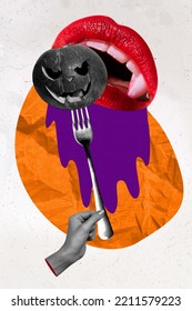 Creative abstract collage of hand hold fork halloween pumpkin head carved face dracula vampire want eat sharp fangs halloween concept