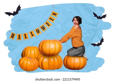 Creative 3d collage artwork flier postcard of attractive happy woman sit pumpkin ready celebrate halloween isolated on drawing background