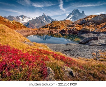 Fabulous autumn view of Cheserys lake, Chamonix location. Marvelous outdoor scene of Vallon de Berard Nature Preserve, Graian Alps, France, Europe. Beauty of nature concept background.
