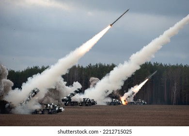 Launch of military missiles (rocket artillery) at the firing field during military exercise
