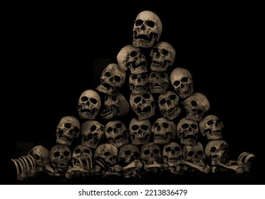 Fantastesch Koup Schädel Mënsch a Schanken op schwaarzen Stoffhannergrond, Konzept vun grujeleger Kriminalitéit Szen vun Horror oder Thriller Filmer, Halloween Thema, Still Life Style, selektiv Fokus,