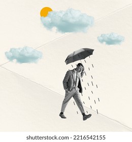 Sad man walking under umbrella on abstract background with drawings. Bright contemporary collage. Art, fashion and emptions, feelings. Ideas, vintage, retro style, imagination and creative concept