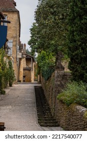 フランスのドルドーニュにある美しく保存された 14 世紀の中世の町、サルラ ラ カネダの古い石造りの壁と建物の間に続く階段のある小道