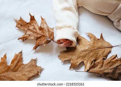 Herfst geel blad in de handen van een baby op een witte achtergrond. het kind houdt een geel herfstblad in zijn hand.