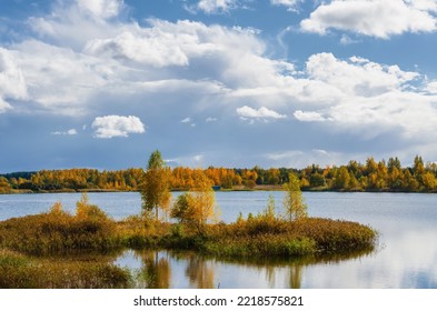 島, 美しい, 眺め, 湖, 雲, 木, 黄色の葉, 空, 風景, パノラマ