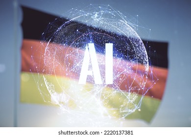 Creative artificial Intelligence symbol hologram on German flag and sunset sky background. Double exposure