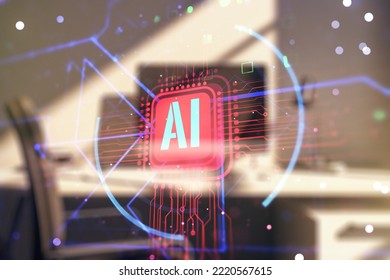 創造的な人工知能の略語と、コンピューターを背景にしたモダンなデスクの二重露出。未来の技術と AI の概念