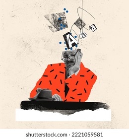 Lavagem cerebral. Jovem em imagem de zumbi com pequena letra desenhada na cabeça isolada sobre fundo abstrato. Controle mental. Colagem de arte contemporânea surreal. Conceito de fake news, propaganda, IA.