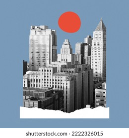 Œuvre d'art contemporaine. Design créatif dans un style rétro. Image en noir et blanc de gratte-ciels, de bâtiments commerciaux dans une grande ville. Concept de créativité, de surréalisme, d'imagination, de paysage futuriste. Affiche