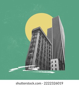 Œuvre d'art contemporaine. Design créatif dans un style rétro. Image en noir et blanc d'un bâtiment dans une grande ville. Moderne et vintage. Concept de créativité, de surréalisme, d'imagination, de paysage futuriste. Affiche
