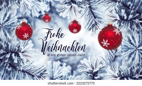 Chrëschtdag Neijoerschkaart mat Branchen, Kugelen an Text op Däitsch - Frohe Weihnachten und ein gutes neues Jahr