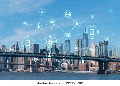 Puentes de Brooklyn y Manhattan con panorama del horizonte del centro financiero de la ciudad de Nueva York durante el día sobre el East River. Holograma de redes sociales. Concepto de creación de redes y establecimiento de nuevas conexiones de personas.