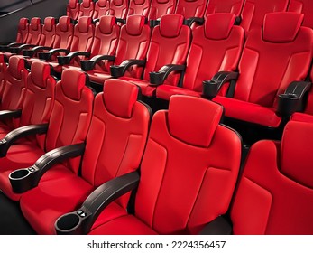 Cinema and entertainment, empty red movie theatre seats for tv show streaming service and film industry production branding