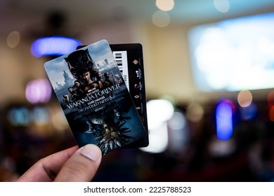 Samut Prakan, Thailand - 13 november 2022: Verzamelkaart van Black Panther: Wakanda Forever, een promotie van Major Cineplex. Major Cineplex, Het is de meest populaire bioscoop in Thailand.