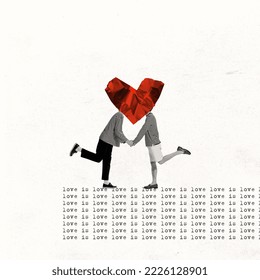 Collage d'art contemporain. Design créatif dans un style rétro. Deux hommes s'embrassant derrière une forme de cœur. Amour égal. LGBT. Concept de relation, Saint-Valentin, amour, liberté, sentiments. Espace de copie pour l'annonce