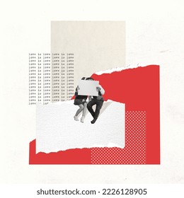 Collage d'art contemporain. Design créatif dans un style rétro. Jeune couple, homme et femme s'embrassant derrière un journal. Rendez-vous. Concept de relation, Saint-Valentin, amour, sentiments. Espace de copie pour l'annonce