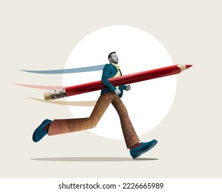 Un homme qui court avec un gros crayon sous le bras. Collage artistique.