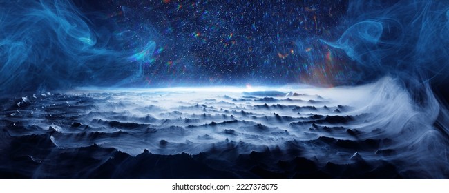 Tierra en grietas sobre fondo oscuro. Vista panorámica de la niebla abstracta. Hermoso remolino de humo azul. Maqueta para su logotipo. Fondo de pantalla horizontal de gran angular o banner web.