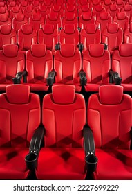 Cinema and entertainment, empty red movie theatre seats for tv show streaming service and film industry production branding