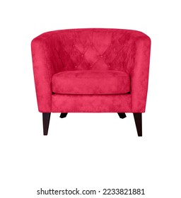 Poltrona Viva magenta isolata su bianco. Arredamento moderno. Poltrona in morbida pelle magenta su sfondo bianco