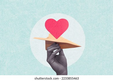Paper airplane carrying a red heart jigsaw puzzle. Concept of notification. Art Collage.
