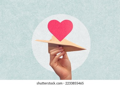 Paper airplane carrying a red heart jigsaw puzzle. Concept of notification. Art Collage.